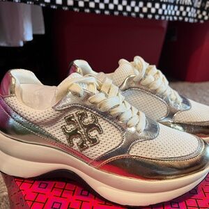 Tory Burch Women's Silver and White Sneakers